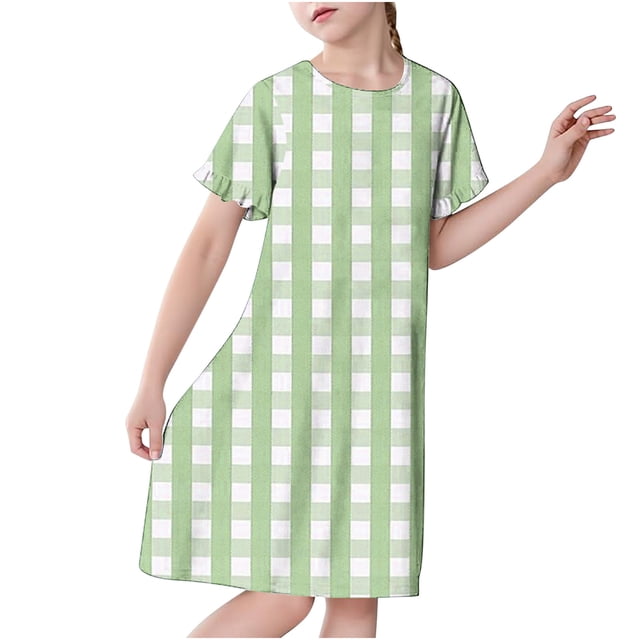 biudgviw Chemises de Nuit pour Filles Tout-Petits Manches Courtes à Volants Col Rond Robe de Pyjama Midi à Carreaux Douce et Confortable 3-12 Ans