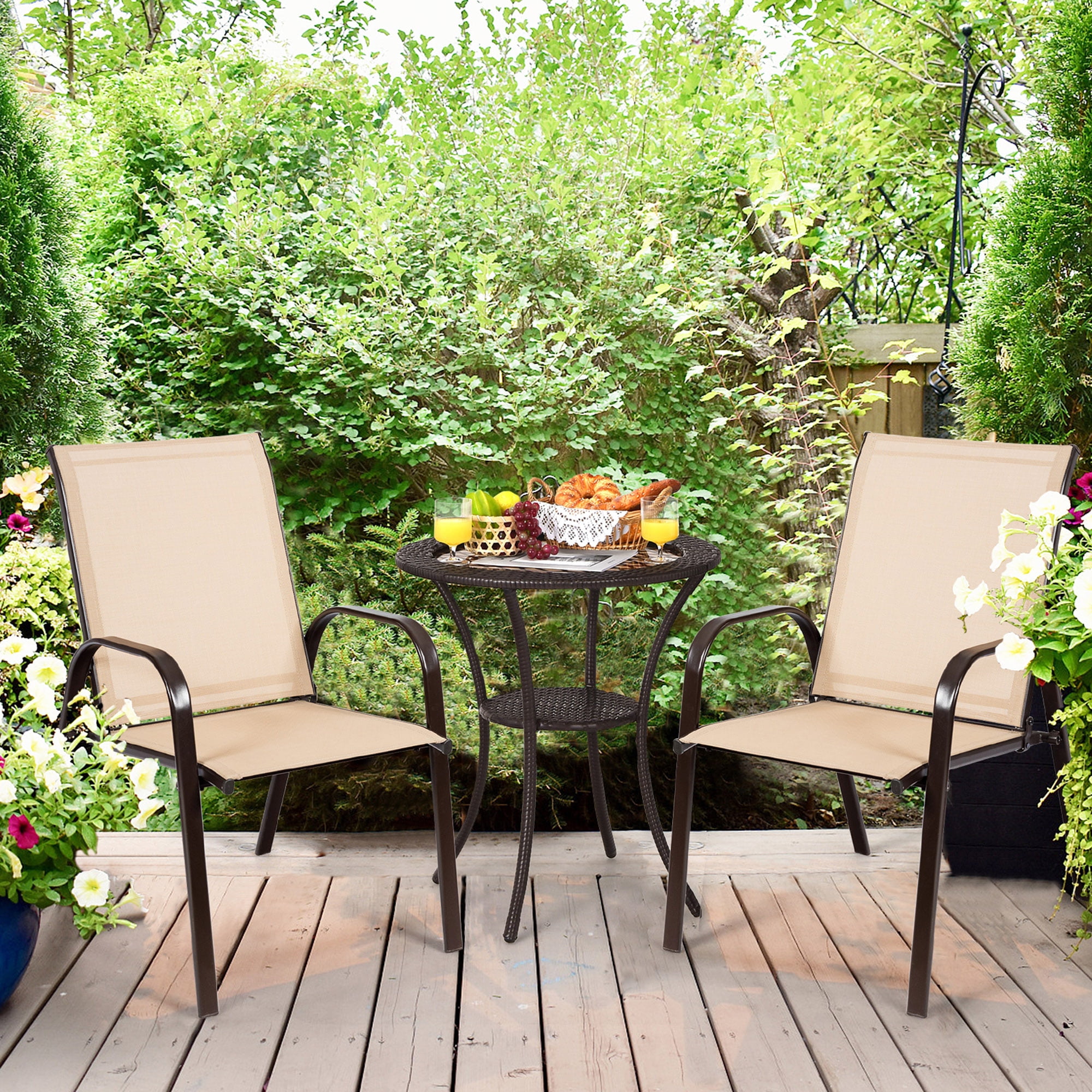 Gymax Set of 2 Patio Chairs Dining Chairs w/ Steel Frame Yard Outdoor Beige