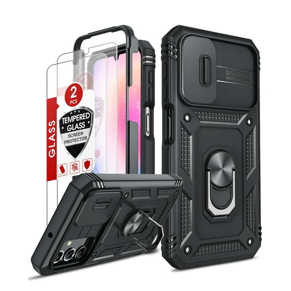 LeYi for Samsung Galaxy A 25 5G Case, Galaxy A25 Phone Case with Slide Camera Cover   [2 Pack] Tempered Glass Screen Protector, Military-Grade Case with Ring Kickstand for Samsung A25, Black