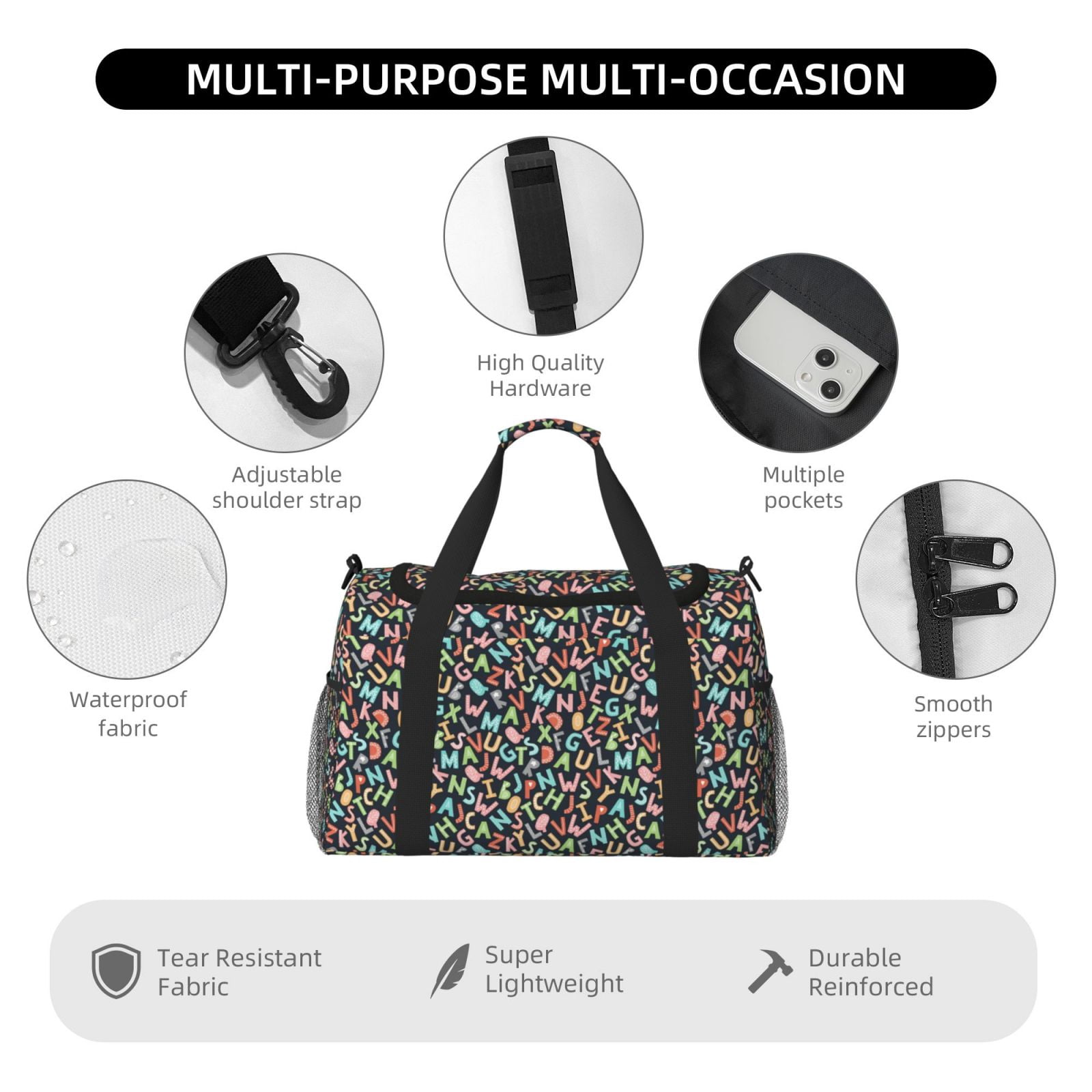 Fuzoiu Alphabet Print Travel Duffle Bag,Carry On Tote Bags,Duffel Bag,Sport Gym Bag, Hospital Bag for Labor and Delivery, Overnight Bag,Luggage Bag