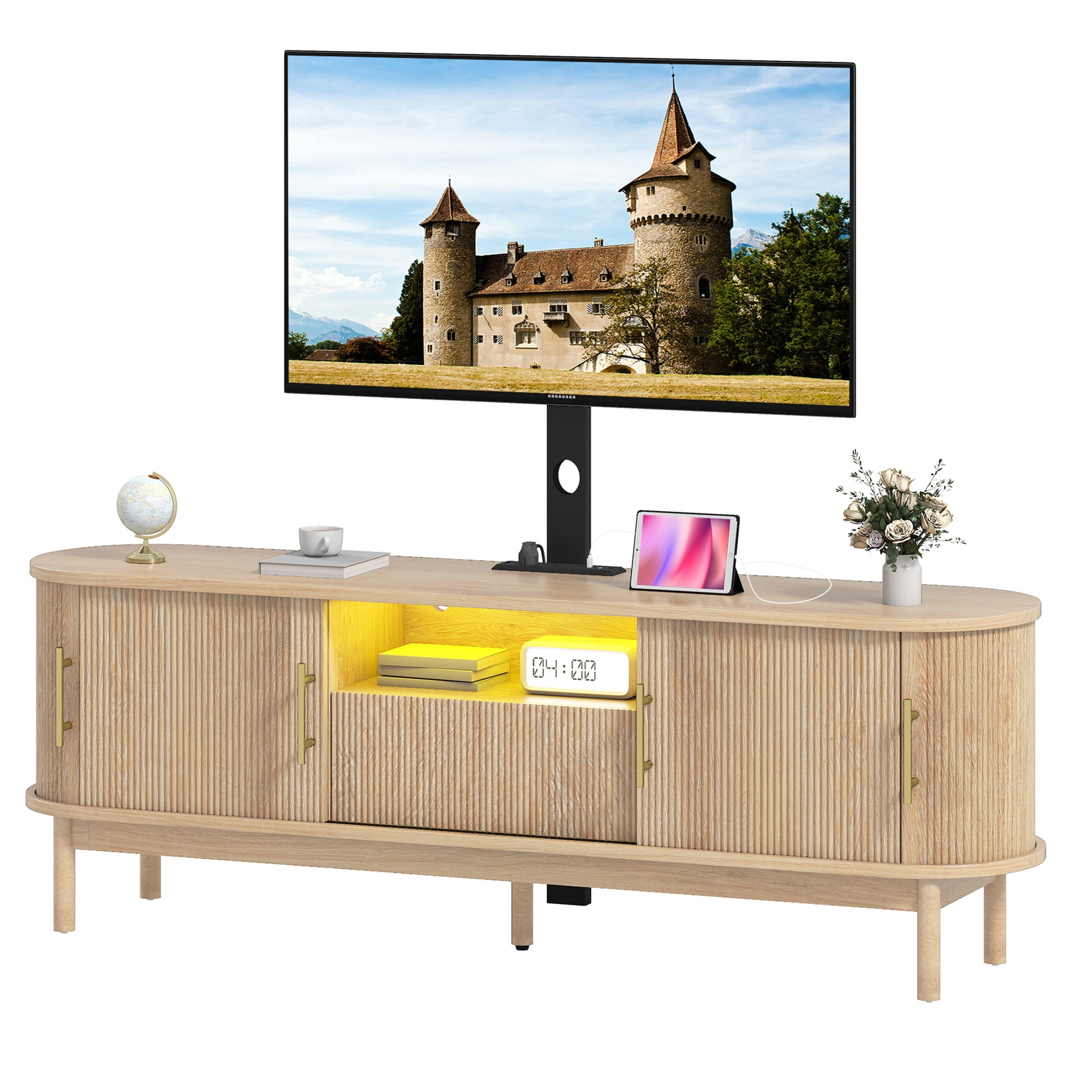 Uforic 65" TV Stand with Mount for 32-75" TVs, Height Adjustable Fluted Entertainment Center, Oak