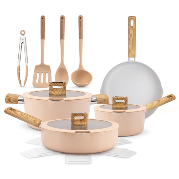NutriChef 14-Piece Non-Stick Ceramic Cookware Set - Induction Safe Pots and Pans with Glass Lids, Cool-Touch Handles, Even Heat Distribution, Dishwasher Safe, Includes Ladle, Tong, Spatula (Black)