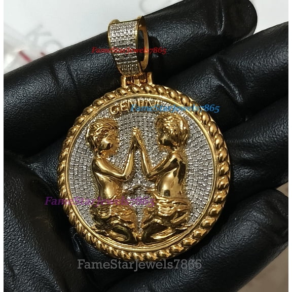 Real Moissanite Pendant 14K Yellow Gold Plated Sign of the Zodiac Birth Astrological Sign 'Gemini' Twins Horoscope, Men Women