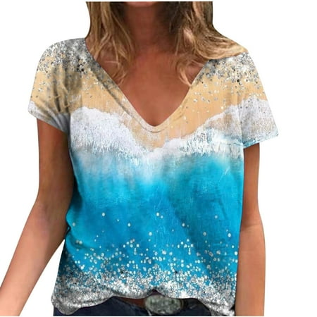 

PIMOXV Summer Tops for Women Casual Vintage Floral V Neck Short Sleeve T Shirts Long Sleeve Under Scrubs Shirts for Women