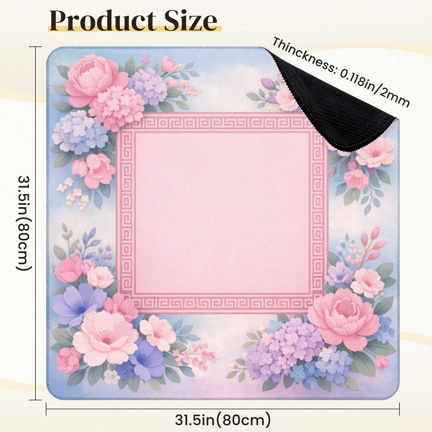 Mahjong Mat 31.5" x 31.5" Pink Purple Floral Frame Greek Key Border Soft Pastel Non-Slip Noise Reduction Mahjong Tiles Table Cover for Dominoes Poker Card Board and Tile Games