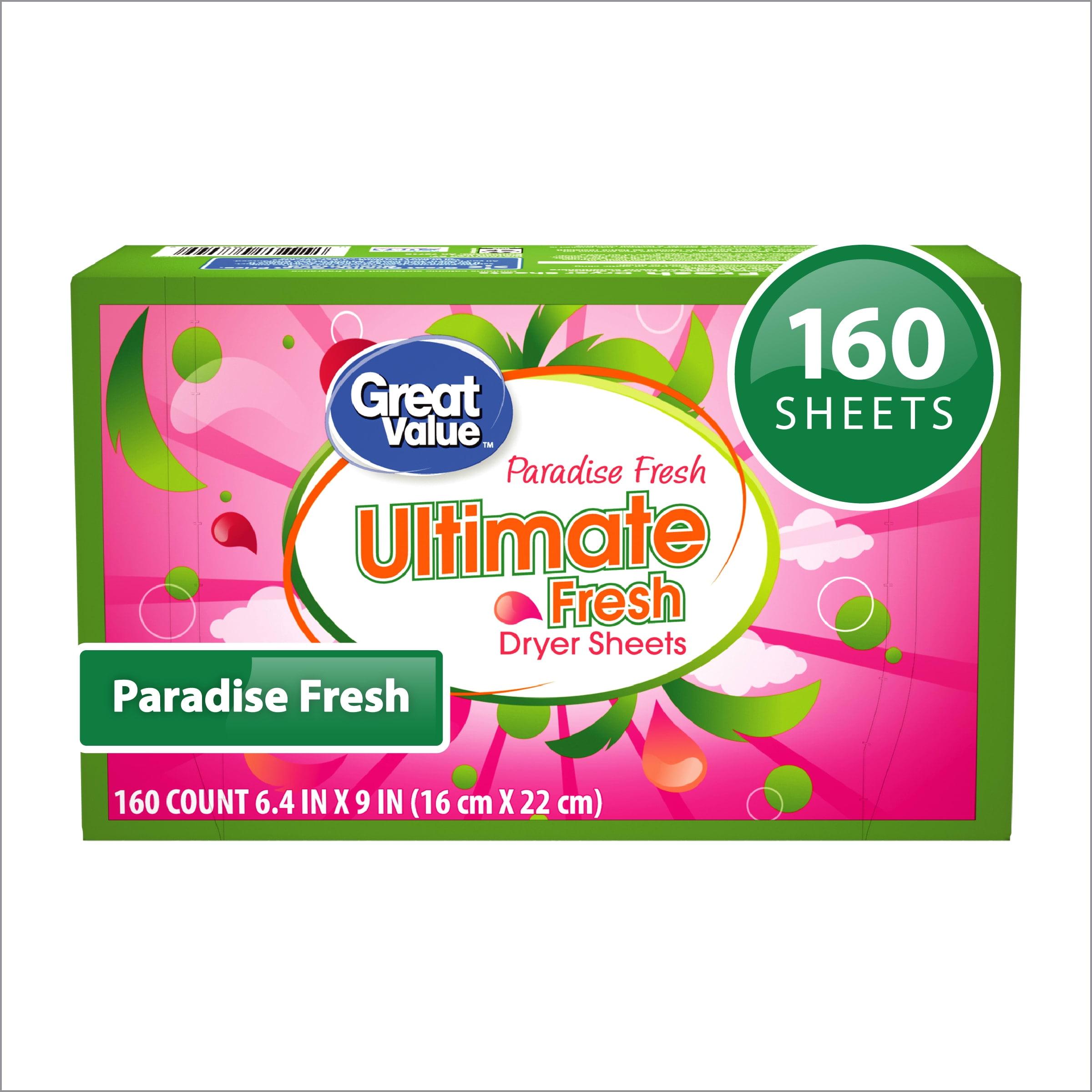 Great Value Ultimate Fresh Fabric Softener Dryer Sheets, Paradise Fresh, 160 Count (Packaging May Vary)