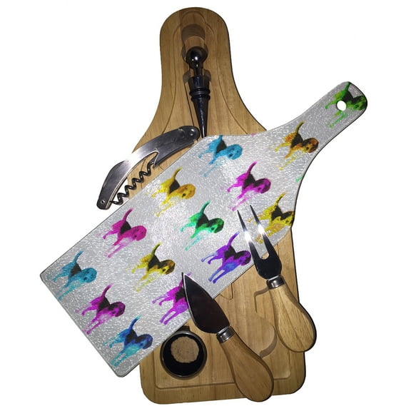KuzmarK Wine & Cheese Glass Cutting Board Wood Box Gift Set - Beagle Dog
