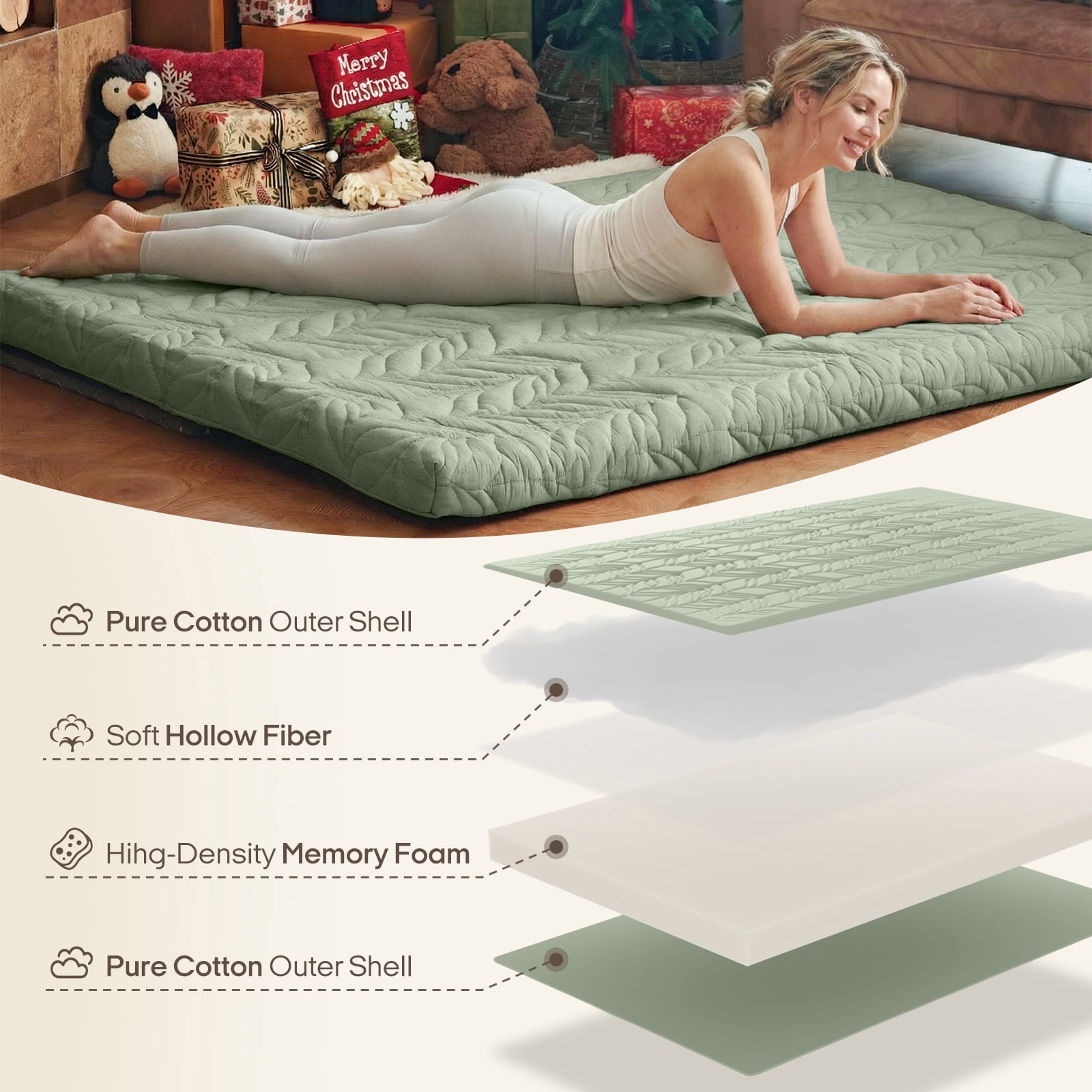 Zonli Japanese Floor Mattress Futon, Foldable Tatami Mat with Cotton Cover, Full 75"x54", Green