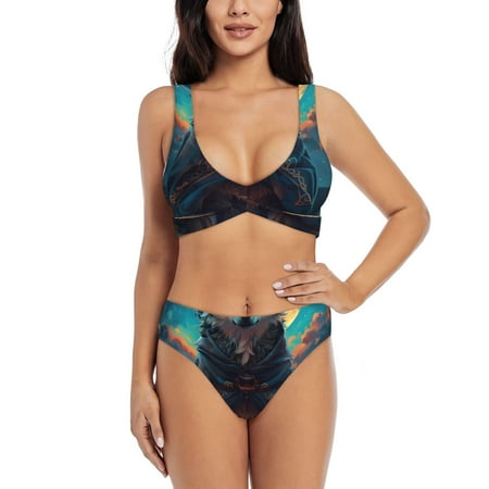 Zeuib Starry Sky Moon Wolf Leader High Waisted Tummy Control Bikini Set - Knot Front Push Up Top & Cheeky Thong Bottom  Two-Piece Swimsuit for Women-X-Large