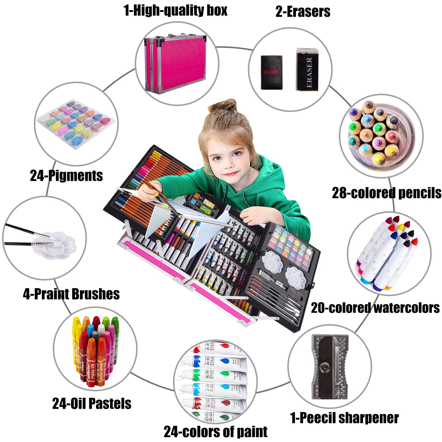 KINSPORY 139 pack Deluxe Portable Double Layers Coloring Drawing Kit with Sketch Pads, Art Set Gift for Artist Adults Beginners Kids (Pink)