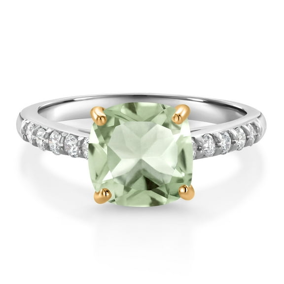 Gem Stone King 2.25 Ct Green Prasiolite G/H Lab Grown Diamond 10K White Gold Engagement Ring with Yellow Gold Prongs (Size 8)