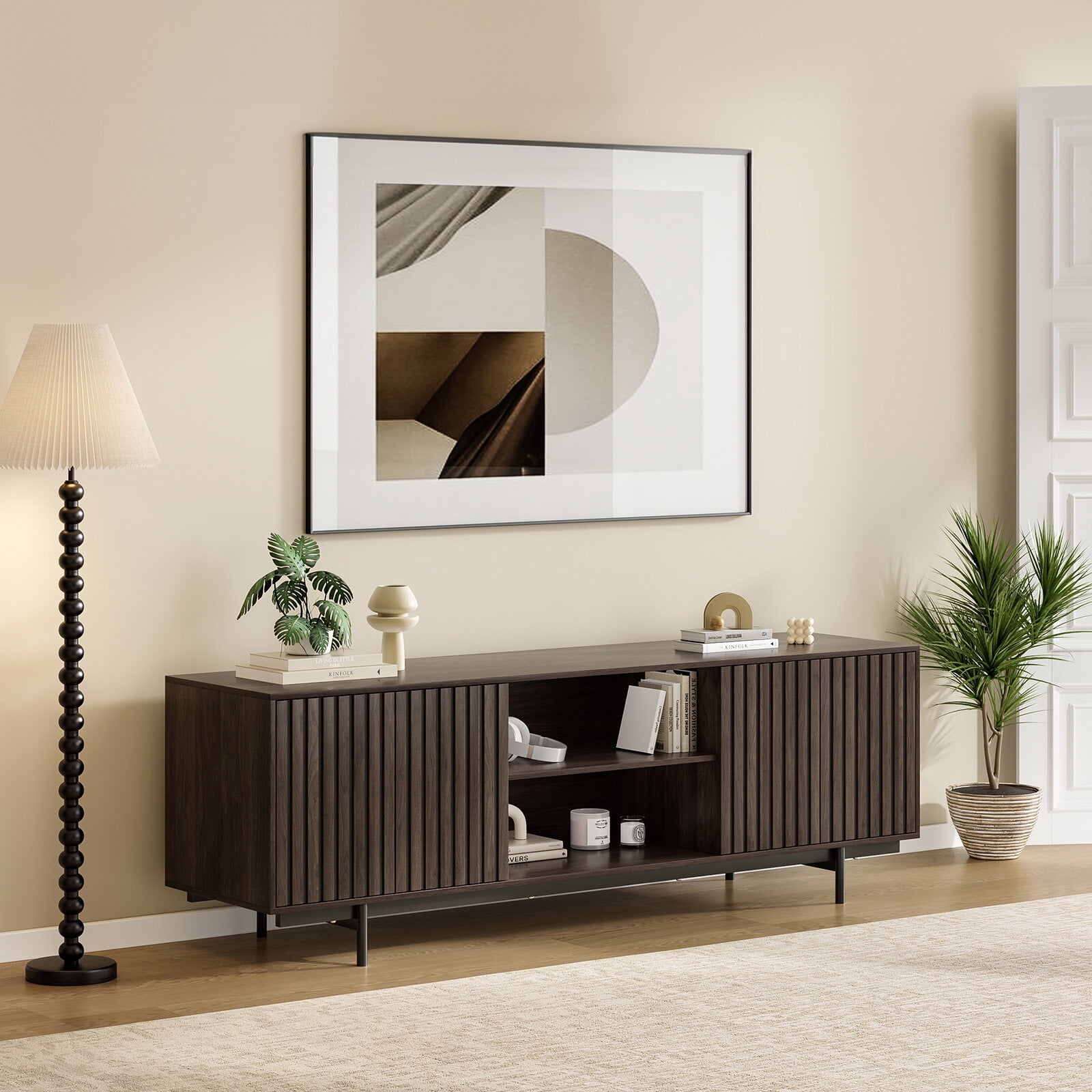 TV Stands With Storage Mid Century Modern TV Stand for TVs Up to 75", Farmhouse Fluted TV Stand, Retro Wood TV Stand with Storage and Shelf, Entertainment Center with Pop-Up Doors for Living Room, B