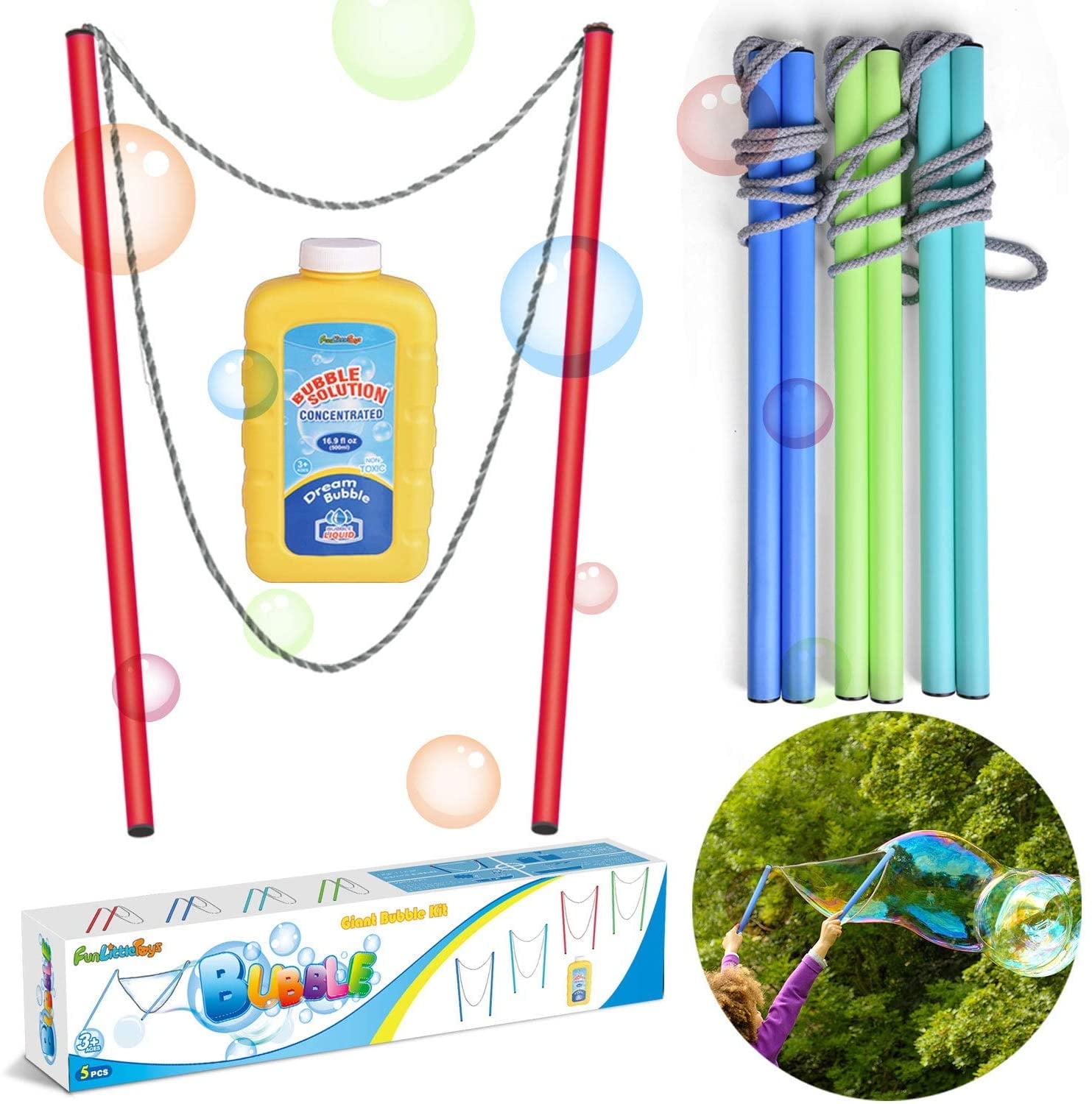 FunLittleToy 4 Pack 17 Inch Giant Bubble Wands with Bubble Solution Bubble Party Favorsfor Kids Outdoor Toys Summer Activities 