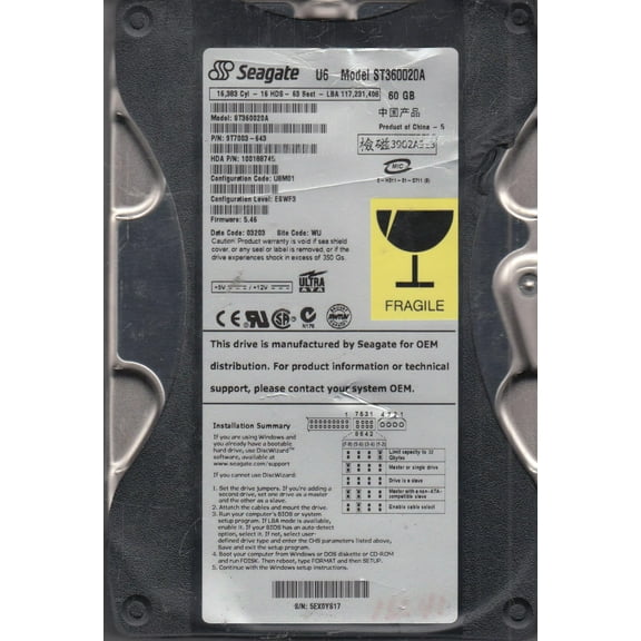 ST360020A, 5EX, WU, PN 9T7003-643, FW 5.46, Seagate 60GB IDE 3.5 Hard Drive