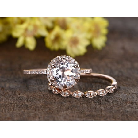 Cut Antique Look Ring - 2 Carat Round Cut Morganite and Diamond Antique Art Deco Wedding Ring Set in Rose Gold