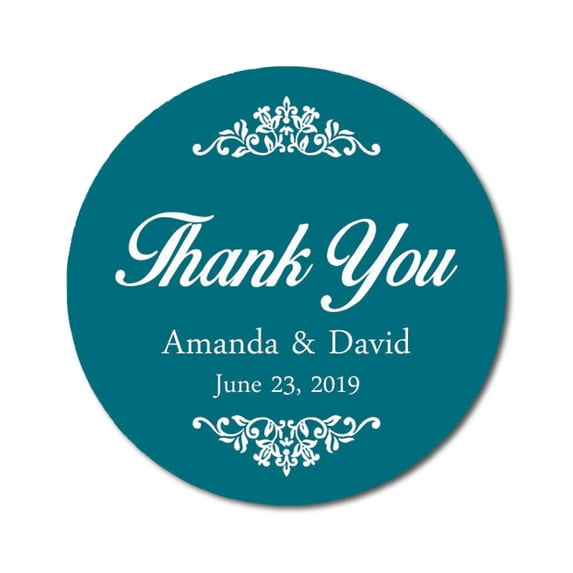 Darling Souvenir Round 45 Pcs Swirl Border Thank You Stickers Personalized Bride Groom Names And Date Envelope Seals-Teal Blue
