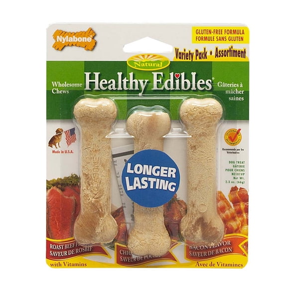 Nylabone Healthy Edibles Natural Dog Treats, Long Lasting Dog Bones, Roast Beef & Chicken Flavor Dog Treats, For X-Small Dogs (3 Count)