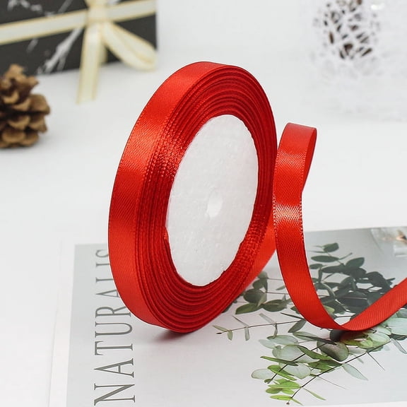 25 Yards Red Ribbon 3/8 Inch Thin Red Satin Ribbon Craft Fabric Ribbon for Hair Bow Making Gift Wrapping Floral Bouquet Wedding Party Christmas Decorations