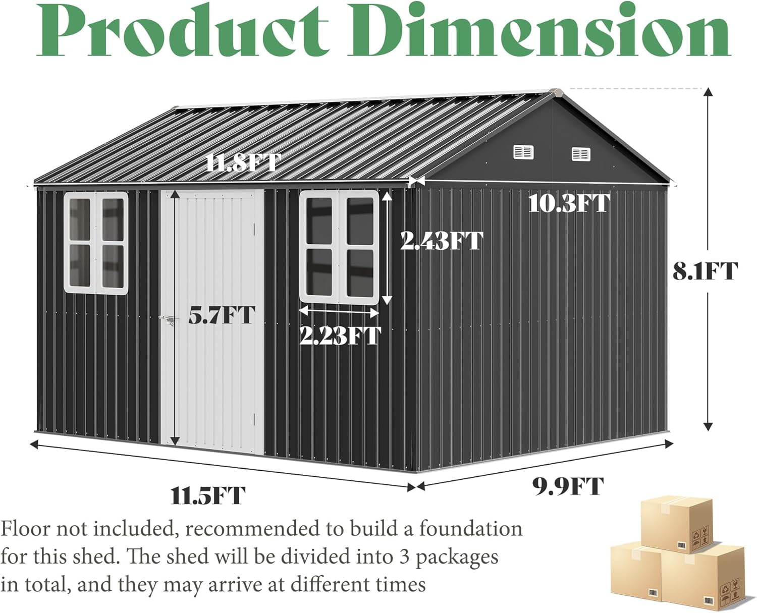 Jocisland 12x10.3x8.2 ft Galvanized Steel Outdoor Storage Shed with Two 4-Pane Windows Lockable Door, for Backyard, Garden, Patio, Dark Grey/White
