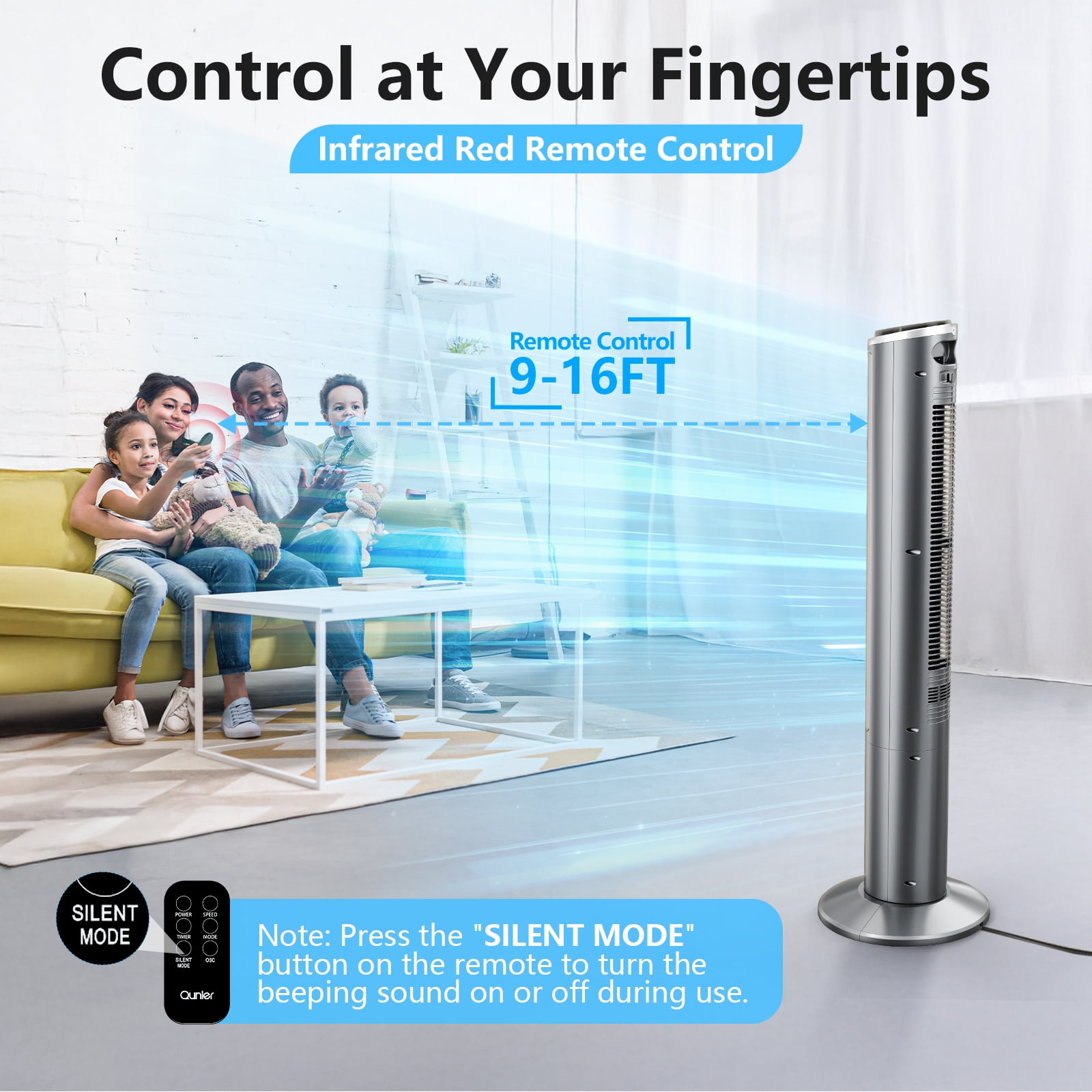 Qunler Tower Fan with Remote, 40" Bladeless Fan for Home, 70° Oscillation, 3 Speeds, 2 Modes, 15H Timer Quiet AC Motor Floor Fan for Bedroom, Office, Gray