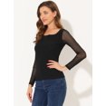 thumbnail image 4 of INSPIRE CHIC Blusas de mujer con cuello cuadrado, malla transparente, manga larga, corte ajustado, top fruncido texturizado Negro S, 4 of 4