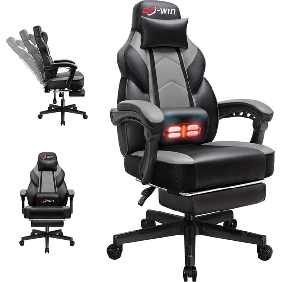 Gaming Chair for Adults with Footrest, High Back, Massage Lumbar Support, 360° Swivel & Height Adjustable, Grey