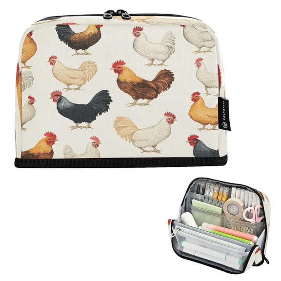 Standing Pencil Case with Base Large Capacity Stationery Pouch Pen Bag with Zipper for Women Men Chickens Pattern