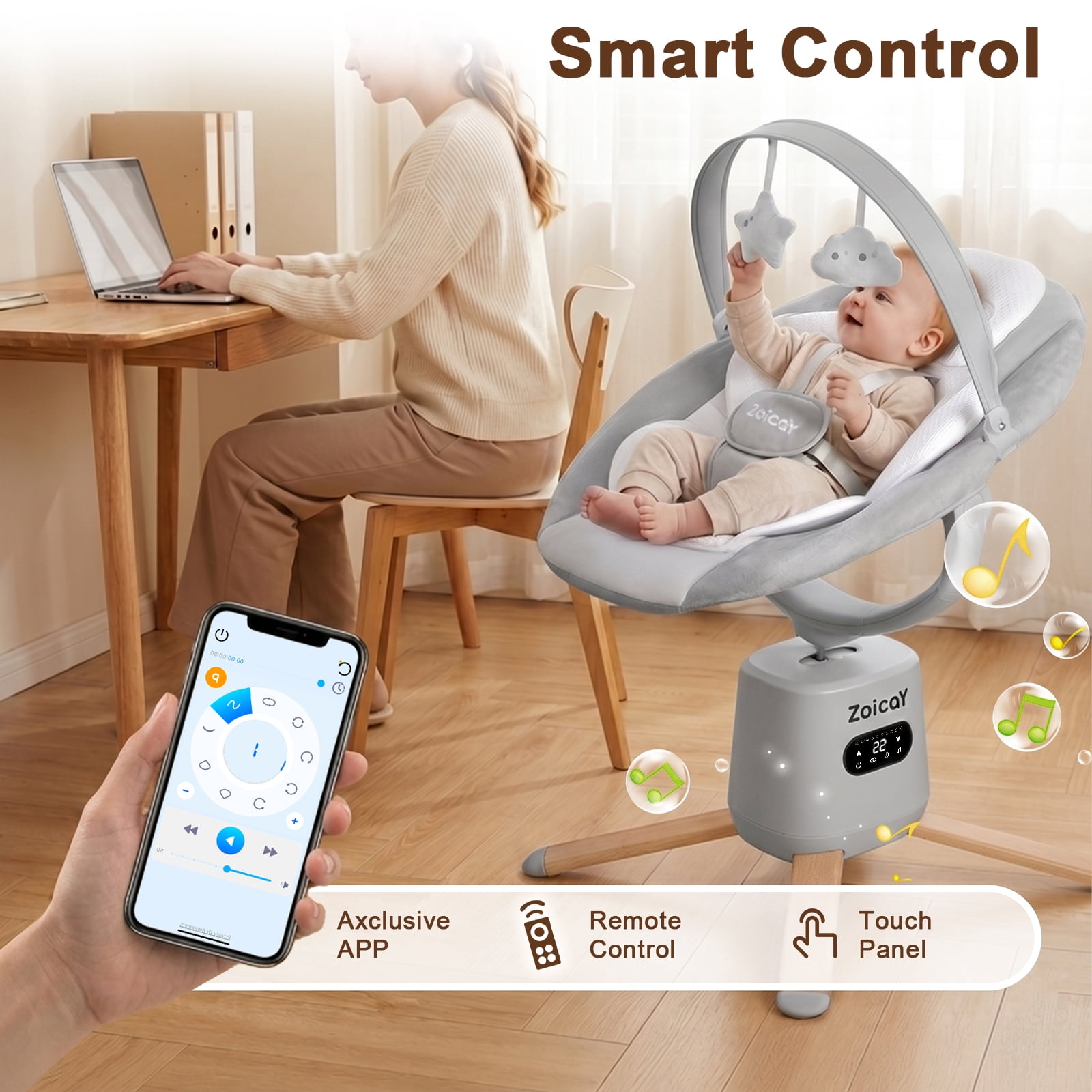 Zoicay Baby Swing with 5-Point Safety Harness, 8 Motions & 8 Speeds, 360° Rotatable Seat, Bluetooth & 6 Preset Melodies, App Remote Control, Gray