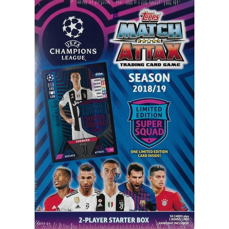 2018 2019 Topps UEFA Champions League Match Attax Soccer Trading Card Game Sealed Two Player Starter Box with 38 Cards and Game Mat Plus a Bonus Cristiano Ronaldo Limited Edition Super Squad (Ronaldo The Best Soccer Player In The World)
