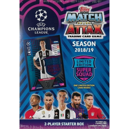 2018 2019 Topps UEFA Champions League Match Attax Soccer Trading Card Game Sealed Two Player Starter Box with 38 Cards and Game Mat Plus a Bonus Cristiano Ronaldo Limited Edition Super Squad (Top 10 Best Soccer Players 2019)