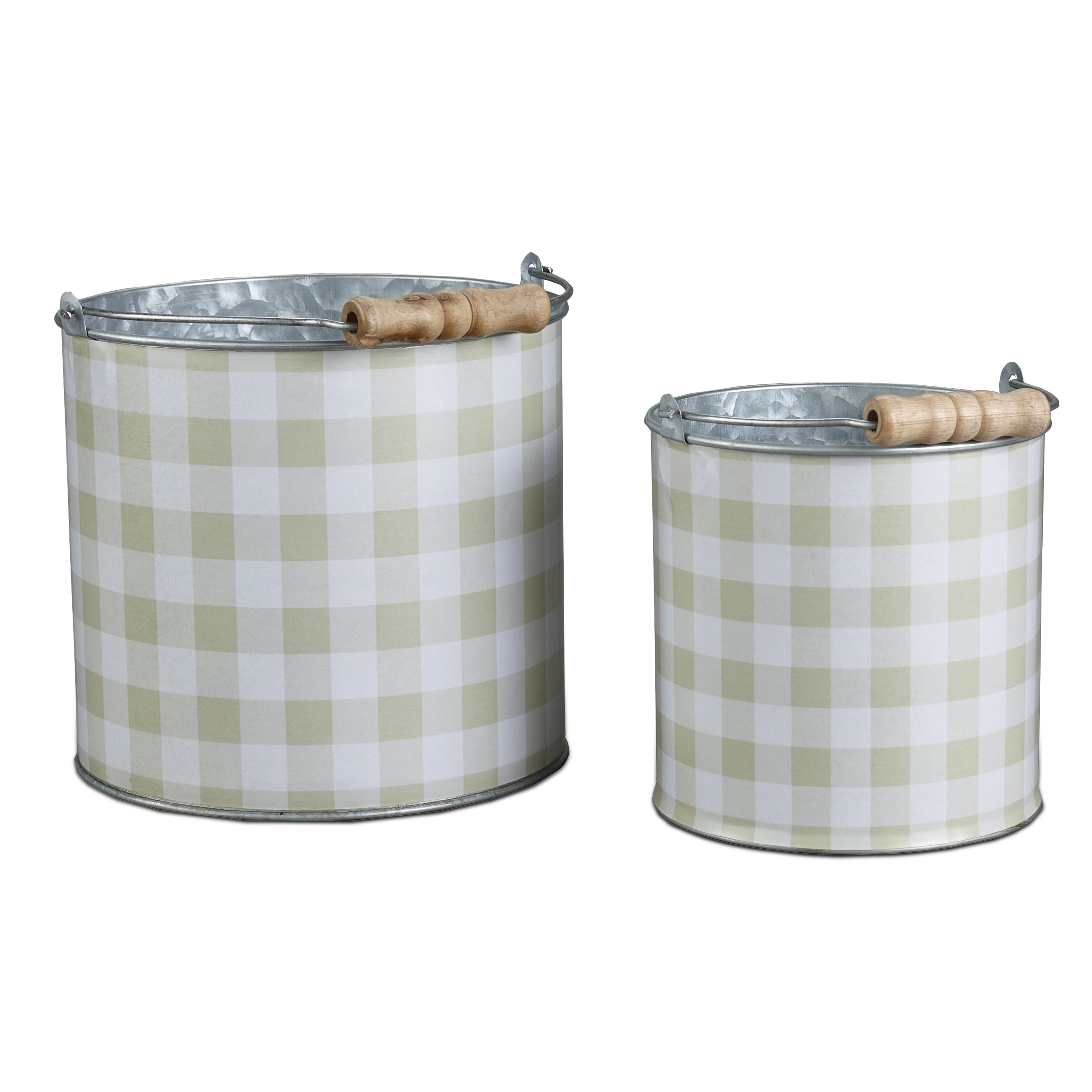 Metal Checkered Planter Buckets with Carrying Handles - of 2 - Beige