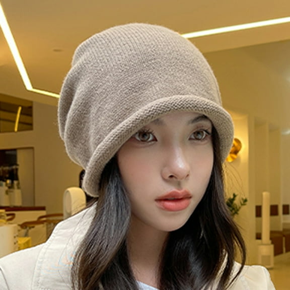 Idoravan Beanie Hats for Women Winter, Fall and Winter Women Solid Color Fashion Stacked Hat Bun Head Hat Drawstring Rolled Knit Woolen Hat Khaki