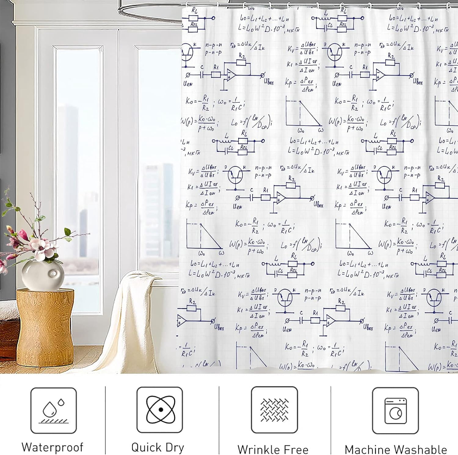 Physics Shower Curtain for Bathroom Electronic Engineering Mathematics Equation and Calculations Scientific School Study Waterproof Polyester Fabric Shower Curtain Sets with Hooks