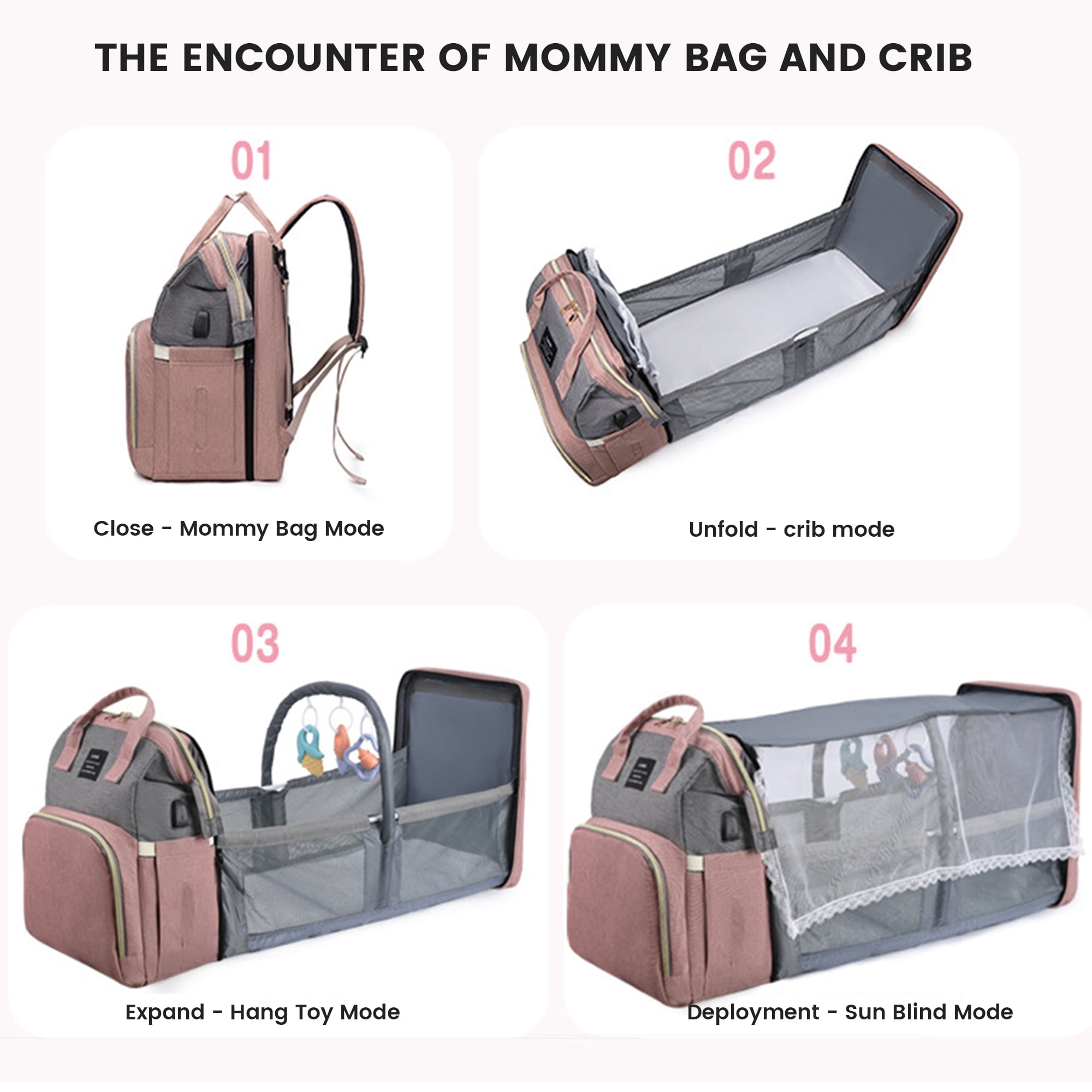 Diaper Backpack, Baby Diaper Bag Backpack for Boys& Girls, Large Capacity Baby Changing Bag w/ Foldable Crib & Insulated Milk Bottle Pocket - Waterproof and Stylish (Pink)
