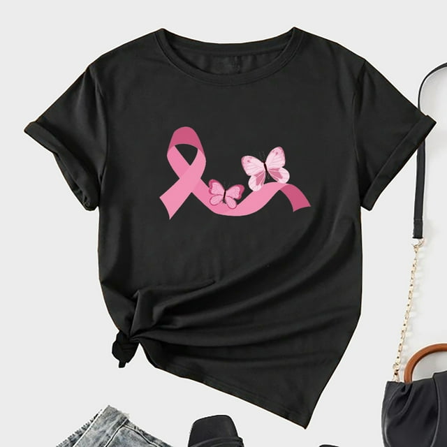 Virmaxy Fight Breast Cancer Awareness Day Women's Short Sleeve Top Ribbon Butterfly Printed Tee Pink Ribbon Simple Style Sweatshirt Fall Round Neck Shirt