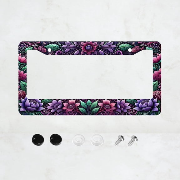 Purple Flower License Plate Prame Aluminum Rust-Proof Auto Parts License Plate Decorative Screws Fit Standard 2 Holes 1 U.S. License Plate, 12x 6 Inch