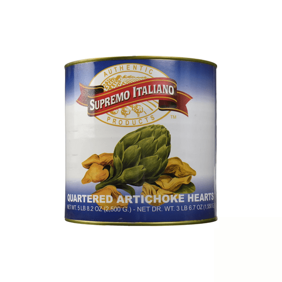 Supremo Italiano Quartered Artichoke Hearts, Canned Tender Artichokes, 88 oz (#10 Can)