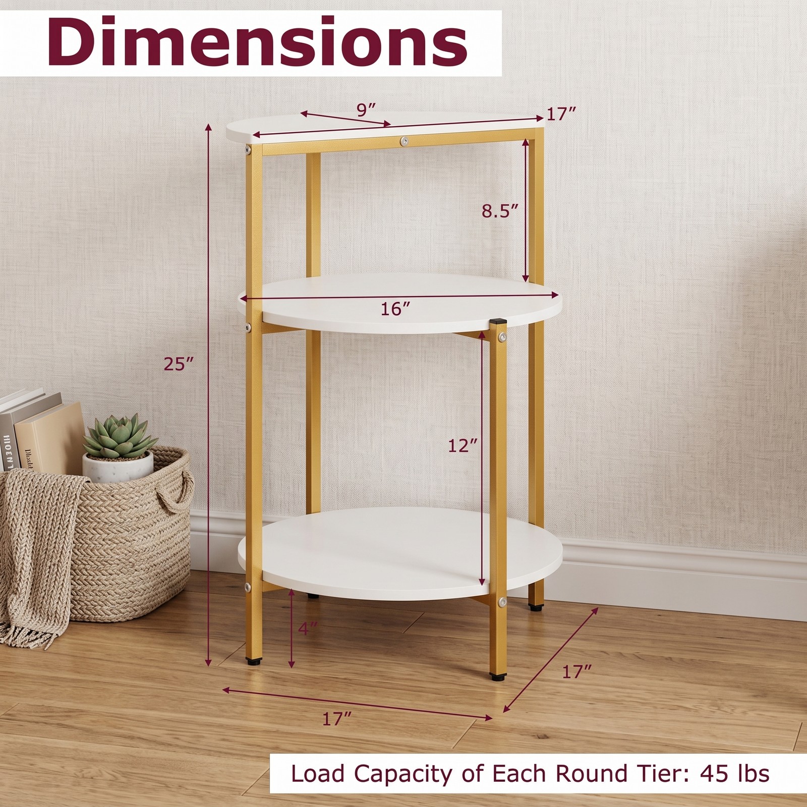 Furnibear 3-Tier Round End Table, Small Space Side Table Nightstand with Storage Shelves and X-Shaped Gold Metal Base for Living Room Bedroom Entryway, White & Gold
