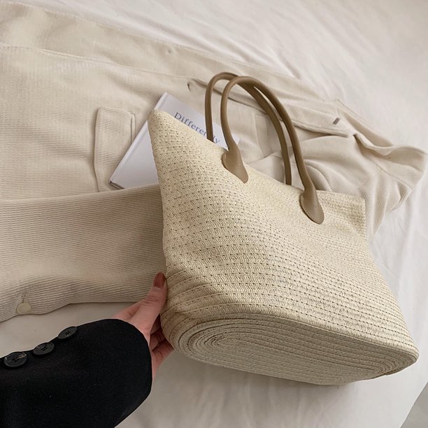 Bolsos de playa para mujer Bolso de hombro tejido de gran capacidad Bolso de compras Tote (Beige)