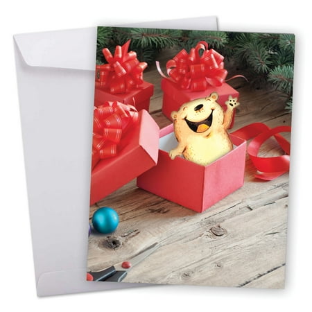 Holiday Cards With Photos J6627DXSG Large Merry Christmas Card: 'Holiday Fuzzy Tummies' Featuring Cute Cartoon Animal Combined with Photo of Christmas Scene Greeting Card with Envelope by The Best Card Company ()
