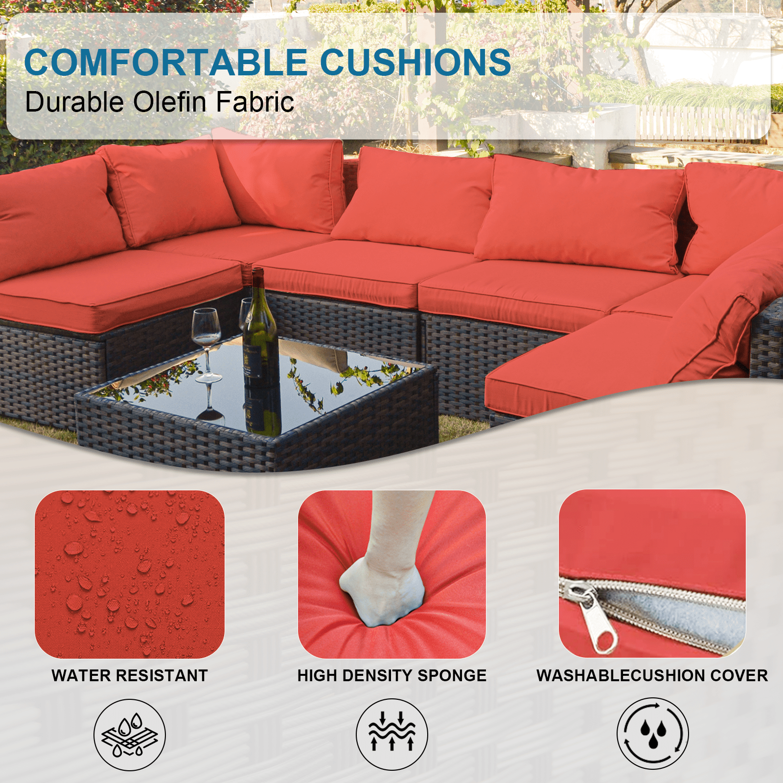 Grezone Patio Furniture Sets 15 Pieces Sectional Outdoor Furniture Sofa Chairs Set All Weather PE Rattan Wicker Couch Conversation Set, Red