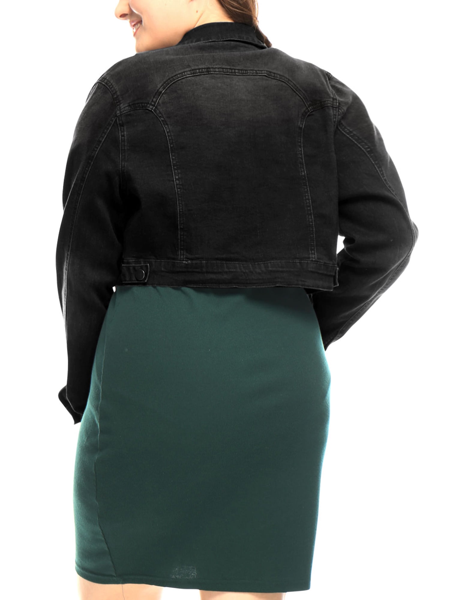 Unique Bargains Women's Plus Size Long Sleeve Jean Button Cropped Denim Jacket