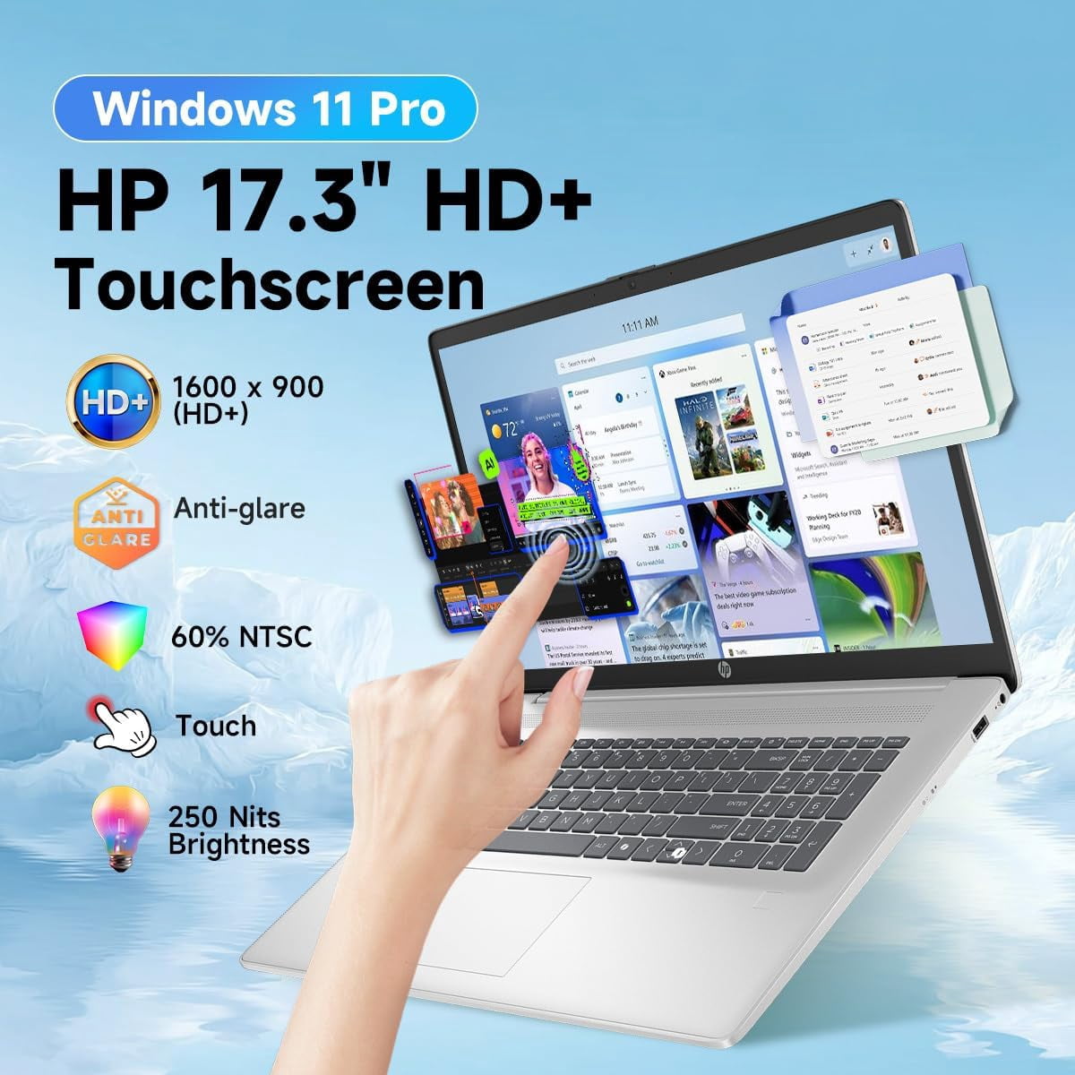 HP 17.3" Touchscreen Business Laptop, AMD Ryzen 5 7430U, 12GB RAM, 512GB SSD, Backlit Keyboard, Windows 11 Pro, Wi-Fi 6, HD+ Display, Silver