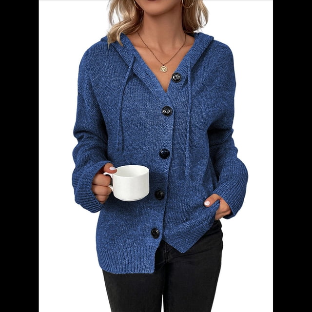 Cárdigan Informal con Cuello en V y Botones para Mujer, Sudadera con Capucha y Larga Azul Real M