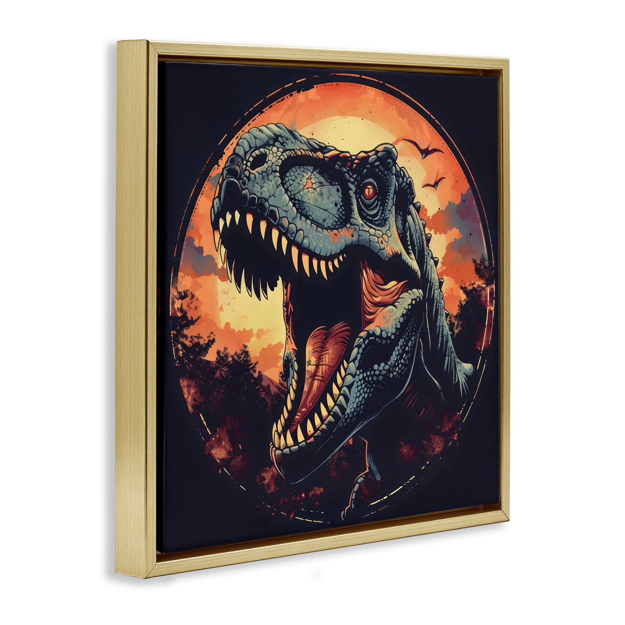 Stupell Industries Ancient Dino Roaring at Sunset Gold Framed Floater Canvas Wall Art, design by Creative Studio