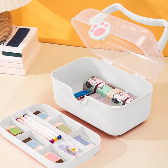 Ovzne Stationery And Cosmetics Storage Box Elementary School Toy Cats Paw Storage Box Double Layer Cats Ear Rotating Buckle Handle Box Storage Box On Clearance