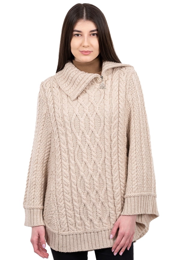 100% Merino Wool Cowl Neck Celtic Zip Poncho Cable Knitted Irish Cape