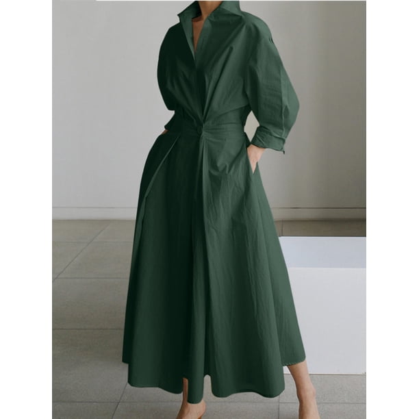 S-5XL Korean Fashion Long Sleeve Shirt Dress Chic Turndown Neck Ruched Maxi Dress Women 2022 Autumn Winter Clothes StreetwearS Gao Jinjia LED