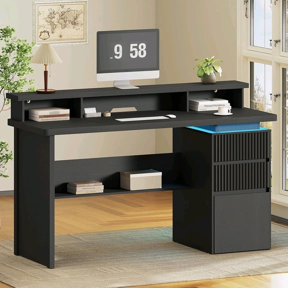 59" Executive Desk with Drawer, Fluted Computer Desk with File Drawer & Monitor Stand, Home Office Desk with Power Outlet, LED Light, Modern Fluted Computer Writing Desk with Storage, Black