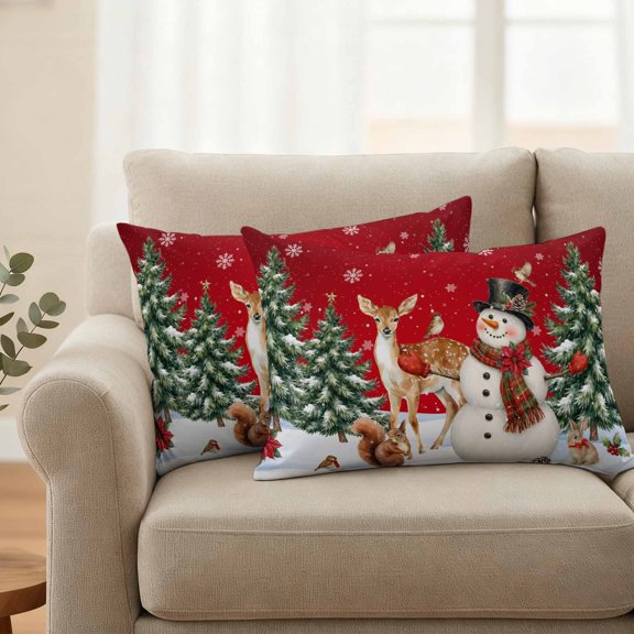Waterproof Throw Pillow Covers 20x12 Set of 2, Winter Snowman Xmas Tree Outdoor Pillowcases with Invisible Zipper, Christmas Poinsettia on Red Decorative Cushion Covers for Patio Garden Sofa Couch